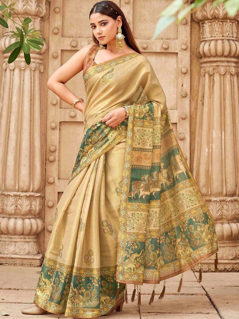 Beige polyester printed saree with blouse