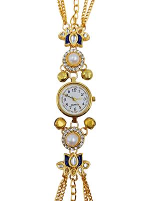 blue  color women gold-toned kashmiri pearl & stone-studded ethnic wrist watch 3