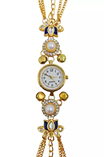 blue  color women gold-toned kashmiri pearl & stone-studded ethnic wrist watch