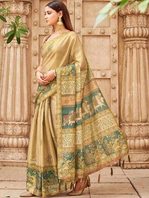 Beige polyester printed saree with blouse 2