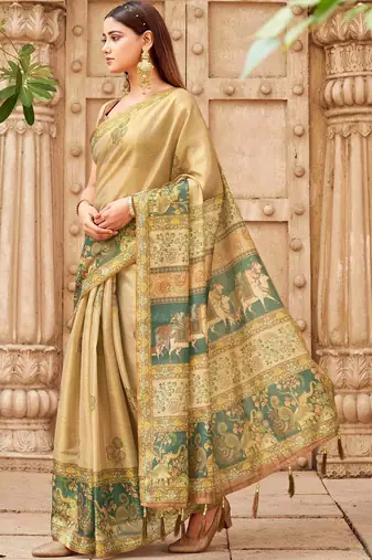 Beige polyester printed saree with blouse