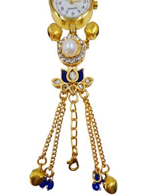 blue  color women gold-toned kashmiri pearl & stone-studded ethnic wrist watch 4