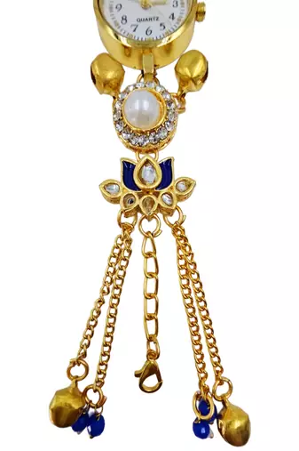 blue  color women gold-toned kashmiri pearl & stone-studded ethnic wrist watch