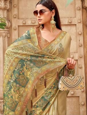 Beige polyester printed saree with blouse 3