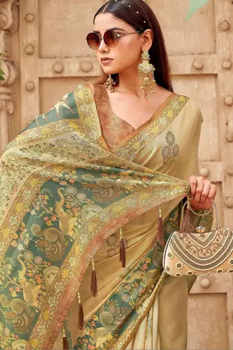 Beige polyester printed saree with blouse
