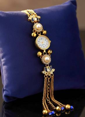 blue  color women gold-toned kashmiri pearl & stone-studded ethnic wrist watch 5