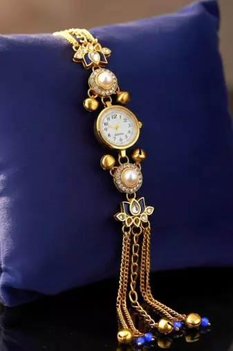 blue  color women gold-toned kashmiri pearl & stone-studded ethnic wrist watch