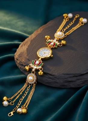 multicolor  color women gold-toned kashmiri pearl & stone-studded ethnic wrist watch 1