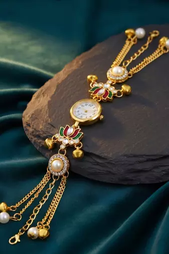 multicolor  color women gold-toned kashmiri pearl & stone-studded ethnic wrist watch