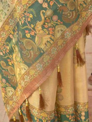 Beige polyester printed saree with blouse 5
