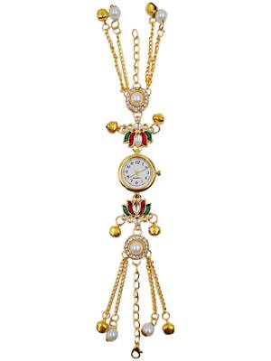 multicolor  color women gold-toned kashmiri pearl & stone-studded ethnic wrist watch 2