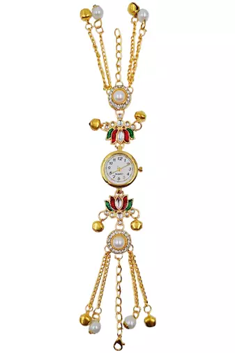 multicolor  color women gold-toned kashmiri pearl & stone-studded ethnic wrist watch