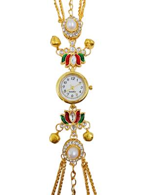 multicolor  color women gold-toned kashmiri pearl & stone-studded ethnic wrist watch 3