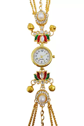 multicolor  color women gold-toned kashmiri pearl & stone-studded ethnic wrist watch