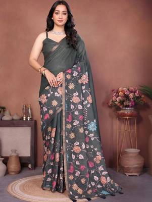 Charcoal linen printed saree with blouse 1