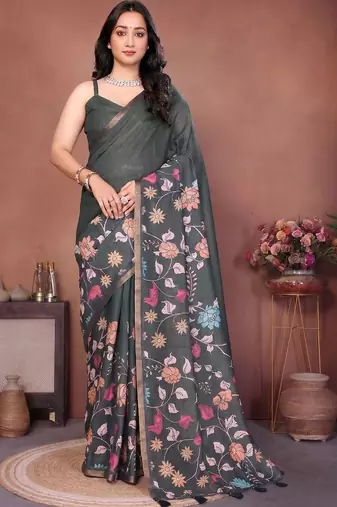 Charcoal linen printed saree with blouse