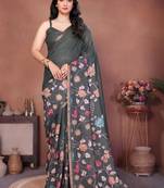 Charcoal linen printed saree with blouse