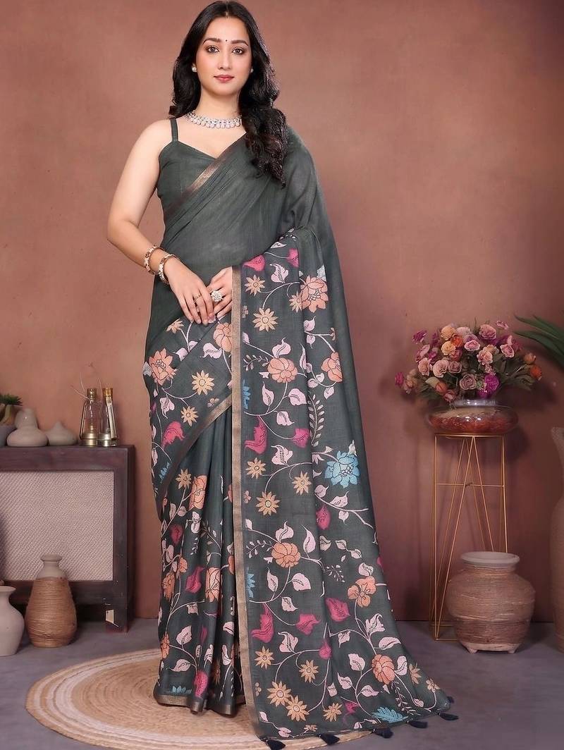 Charcoal linen printed saree with blouse