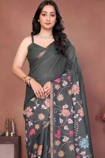 Charcoal linen printed saree with blouse