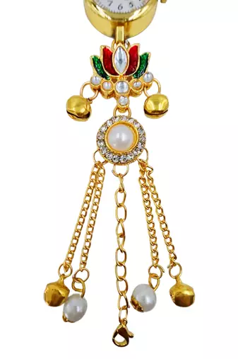 multicolor  color women gold-toned kashmiri pearl & stone-studded ethnic wrist watch