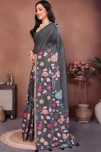 Charcoal linen printed saree with blouse