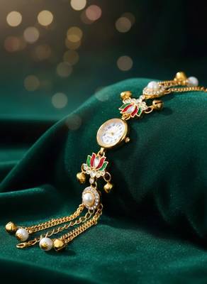 multicolor  color women gold-toned kashmiri pearl & stone-studded ethnic wrist watch 5
