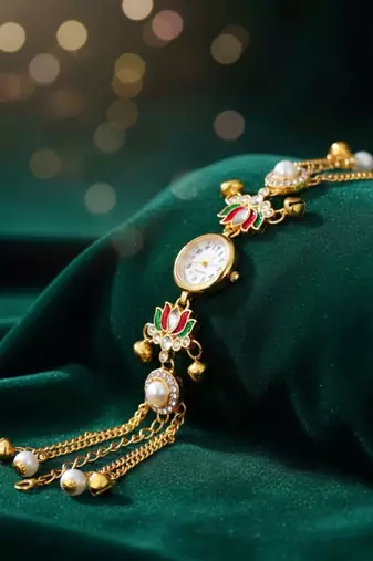 multicolor  color women gold-toned kashmiri pearl & stone-studded ethnic wrist watch