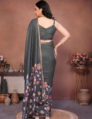 Charcoal linen printed saree with blouse 5