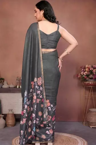 Charcoal linen printed saree with blouse