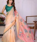 Peach linen printed saree with blouse
