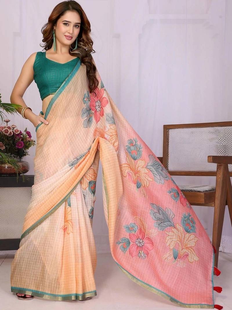 Peach linen printed saree with blouse