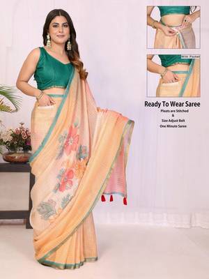 Peach linen printed saree with blouse 3