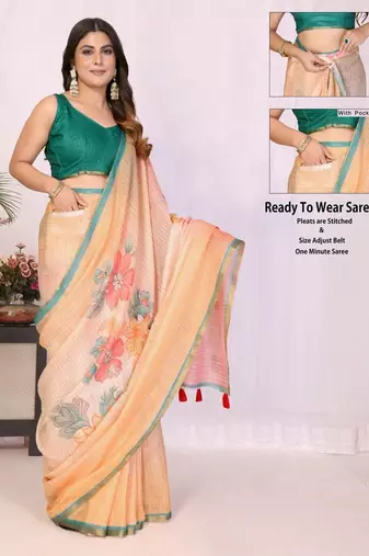 Peach linen printed saree with blouse