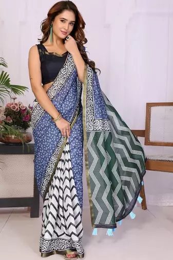 Multicolor pure linen printed saree with blouse