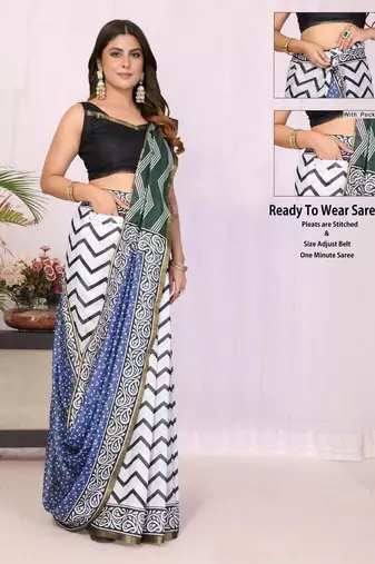 Multicolor pure linen printed saree with blouse