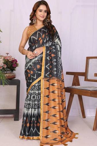 Black pure linen printed saree with blouse