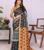 Black pure linen printed saree with blouse