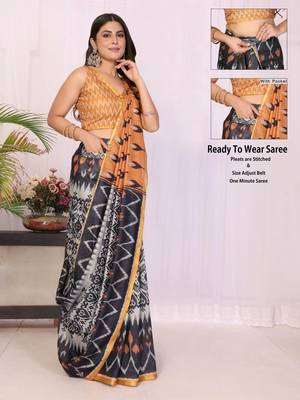 Black pure linen printed saree with blouse 3