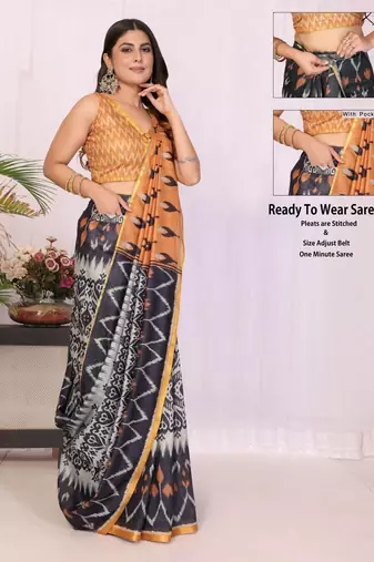 Black pure linen printed saree with blouse