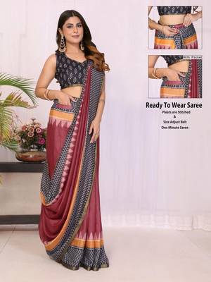 Maroon pure linen printed saree with blouse 2