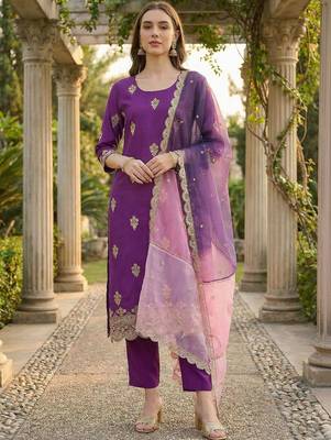 Women Ethnic Motifs Embroidered Regular Thread Work Kurta with Trousers & With Dupatta 1