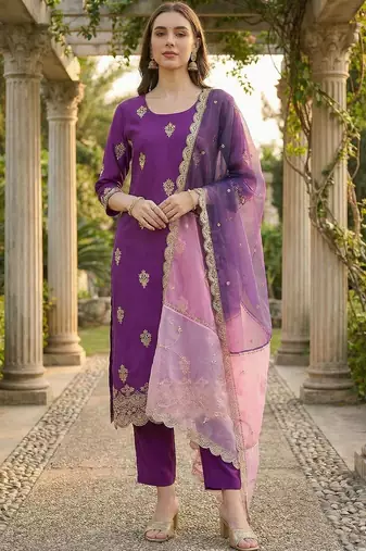 Women Ethnic Motifs Embroidered Regular Thread Work Kurta with Trousers & With Dupatta