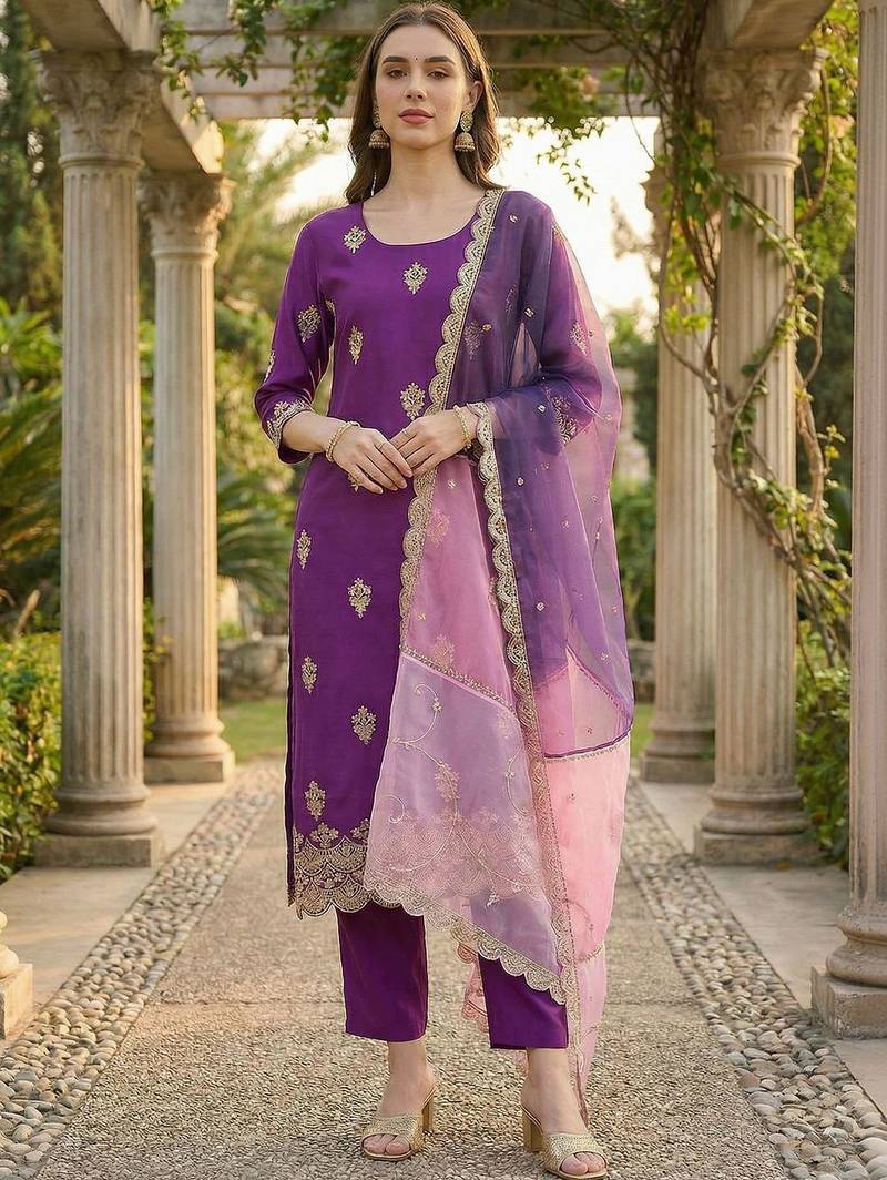 Women Ethnic Motifs Embroidered Regular Thread Work Kurta with Trousers & With Dupatta