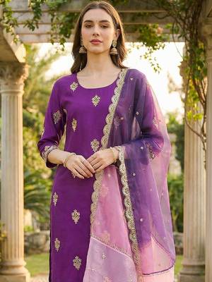 Women Ethnic Motifs Embroidered Regular Thread Work Kurta with Trousers & With Dupatta 4