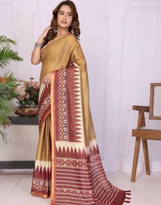 Gold linen  saree with blouse 1