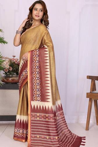 Gold linen  saree with blouse