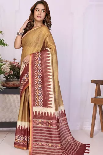 Gold linen  saree with blouse
