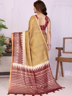 Gold linen  saree with blouse 3