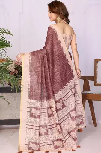 Maroon linen printed saree with blouse