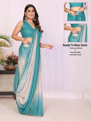 Teal linen checked saree with blouse 3